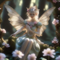 A hyper-realistic 3D render capturing a rococo-styled fairy in a forest