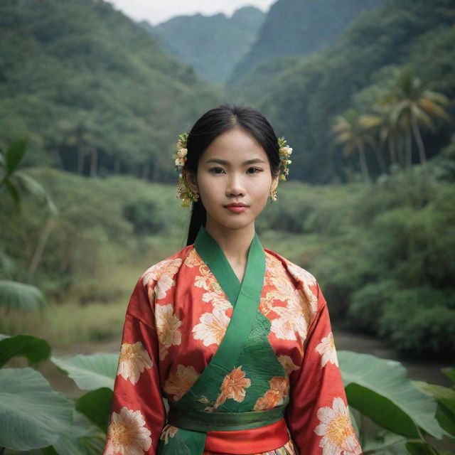 A Vietnamese girl in traditional attire, surrounded by a lush, tropical landscape.