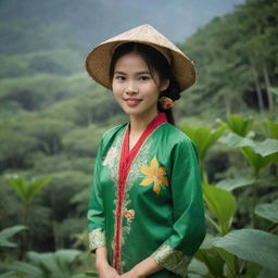 A Vietnamese girl in traditional attire, surrounded by a lush, tropical landscape.