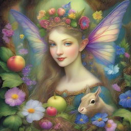 A high dynamic range image portraying a whimsical, dreamlike visual, inspired by the artistic styles of Josephine Wall, James C Christensen, and Brian Froud