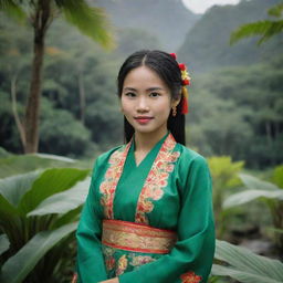 A Vietnamese girl in traditional attire, surrounded by a lush, tropical landscape.