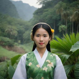 A Vietnamese girl in traditional attire, surrounded by a lush, tropical landscape.