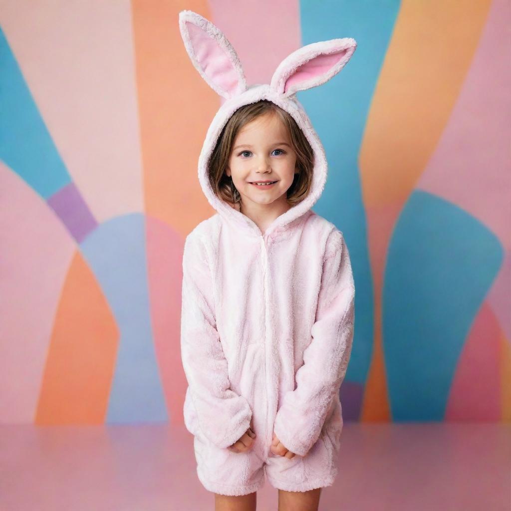 A girl dressed in a cute bunny costume, standing against a playful, colorful backdrop.