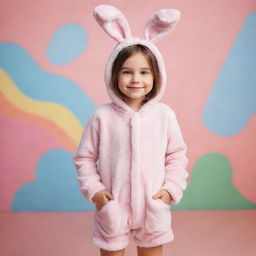 A girl dressed in a cute bunny costume, standing against a playful, colorful backdrop.