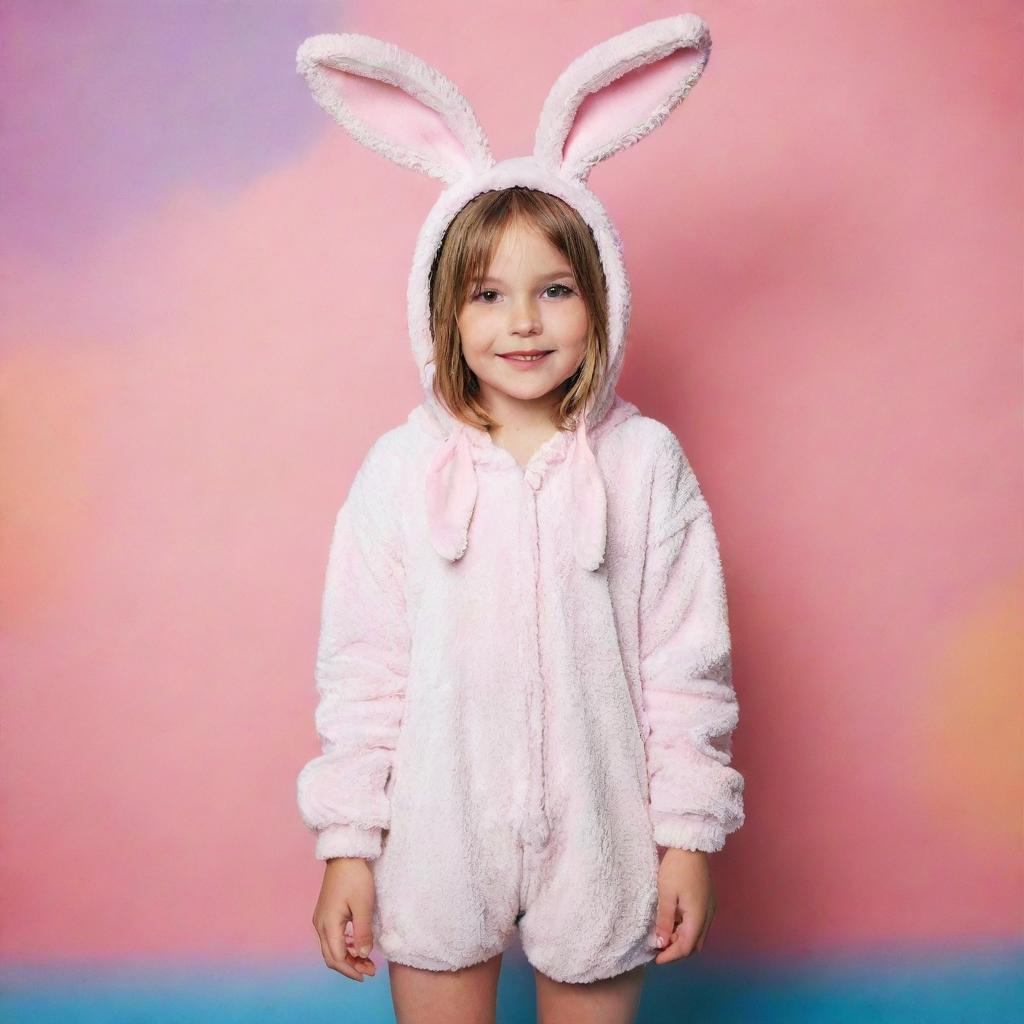 A girl dressed in a cute bunny costume, standing against a playful, colorful backdrop.