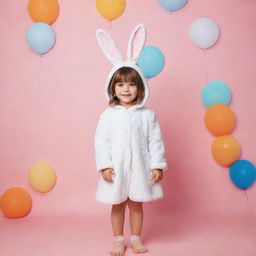 A girl dressed in a cute bunny costume, standing against a playful, colorful backdrop.