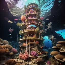 A vibrant coral reef forms the structure of a hanging mermaid tower beneath an island, decorated with large, colorful and habitable bubbles nestled amidst the corals.