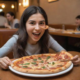 An Iranian girl joyfully eating a pizza slice in a cozy pizza restaurant. On the table in front of her, a whole pizza and a glass of soft drink is placed.