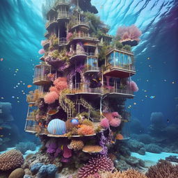 A vibrant coral reef forms the structure of a hanging mermaid tower beneath an island, decorated with large, colorful and habitable bubbles nestled amidst the corals.