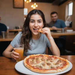 An Iranian girl joyfully eating a pizza slice in a cozy pizza restaurant. On the table in front of her, a whole pizza and a glass of soft drink is placed.