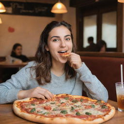 An Iranian girl joyfully eating a pizza slice in a cozy pizza restaurant. On the table in front of her, a whole pizza and a glass of soft drink is placed.