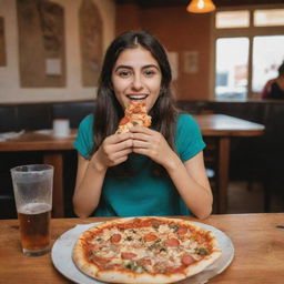 An Iranian girl joyfully eating a pizza slice in a cozy pizza restaurant. On the table in front of her, a whole pizza and a glass of soft drink is placed.