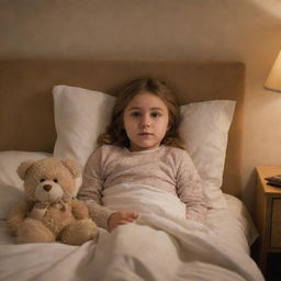 A young girl comfortably tucked into bed, surrounding by plush teddies, a book in her hand, a warm glow from a night light fills the room