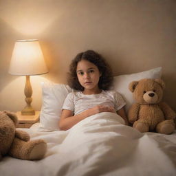 A young girl comfortably tucked into bed, surrounding by plush teddies, a book in her hand, a warm glow from a night light fills the room