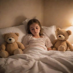 A young girl comfortably tucked into bed, surrounding by plush teddies, a book in her hand, a warm glow from a night light fills the room