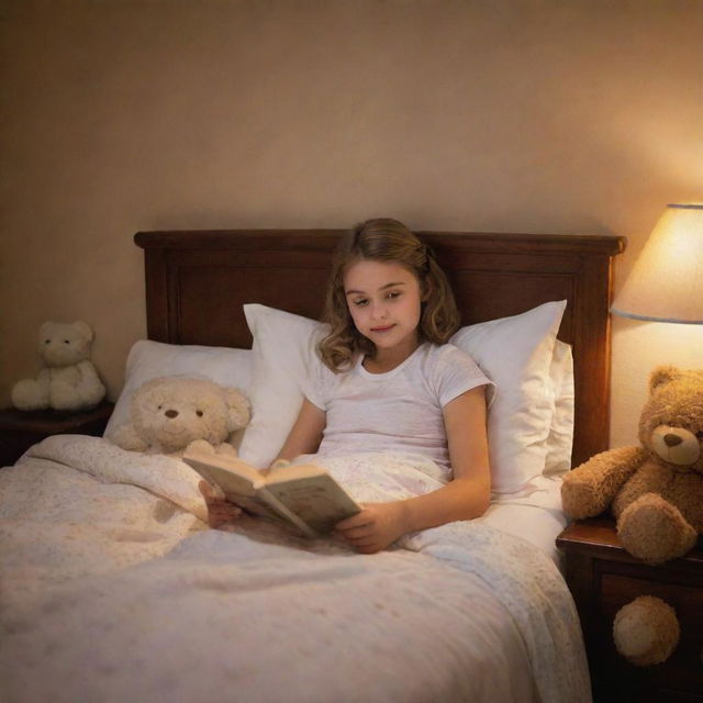 A young girl comfortably tucked into bed, surrounding by plush teddies, a book in her hand, a warm glow from a night light fills the room