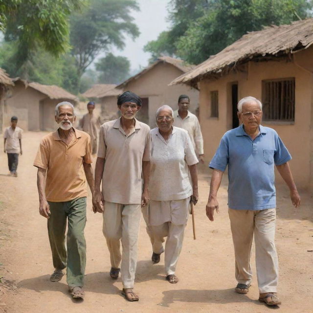 A serene rural village setting with a group of blind individuals participating in various daily activities demonstrating resilience and strength.