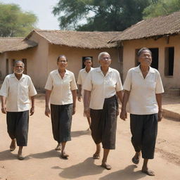 A serene rural village setting with a group of blind individuals participating in various daily activities demonstrating resilience and strength.