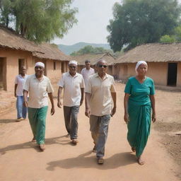 A serene rural village setting with a group of blind individuals participating in various daily activities demonstrating resilience and strength.