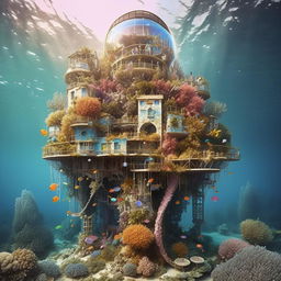 A vibrant coral reef forms the structure of a hanging mermaid tower beneath an island, decorated with large, colorful and habitable bubbles nestled amidst the corals.