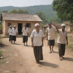 A serene rural village setting with a group of blind individuals participating in various daily activities demonstrating resilience and strength.