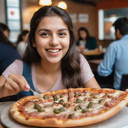 A Pakistani girl happily eating a slice of pizza in a bustling pizza restaurant. A full pizza and a glass of soft drink adorns the table in front of her.