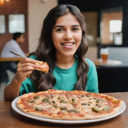 A Pakistani girl happily eating a slice of pizza in a bustling pizza restaurant. A full pizza and a glass of soft drink adorns the table in front of her.