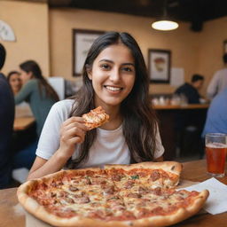 A Pakistani girl happily eating a slice of pizza in a bustling pizza restaurant. A full pizza and a glass of soft drink adorns the table in front of her.