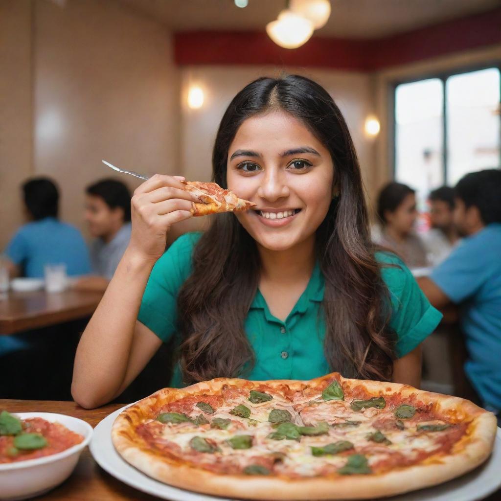 A Pakistani girl happily eating a slice of pizza in a bustling pizza restaurant. A full pizza and a glass of soft drink adorns the table in front of her.