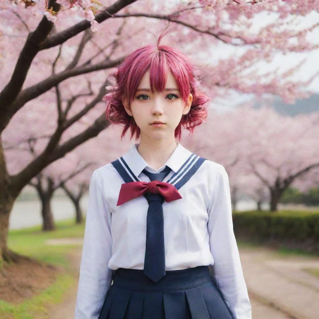 Anime girl with bright eyes, colorful hair, and traditional school uniform standing bravely in a scenic backdrop of cherry blossoms.