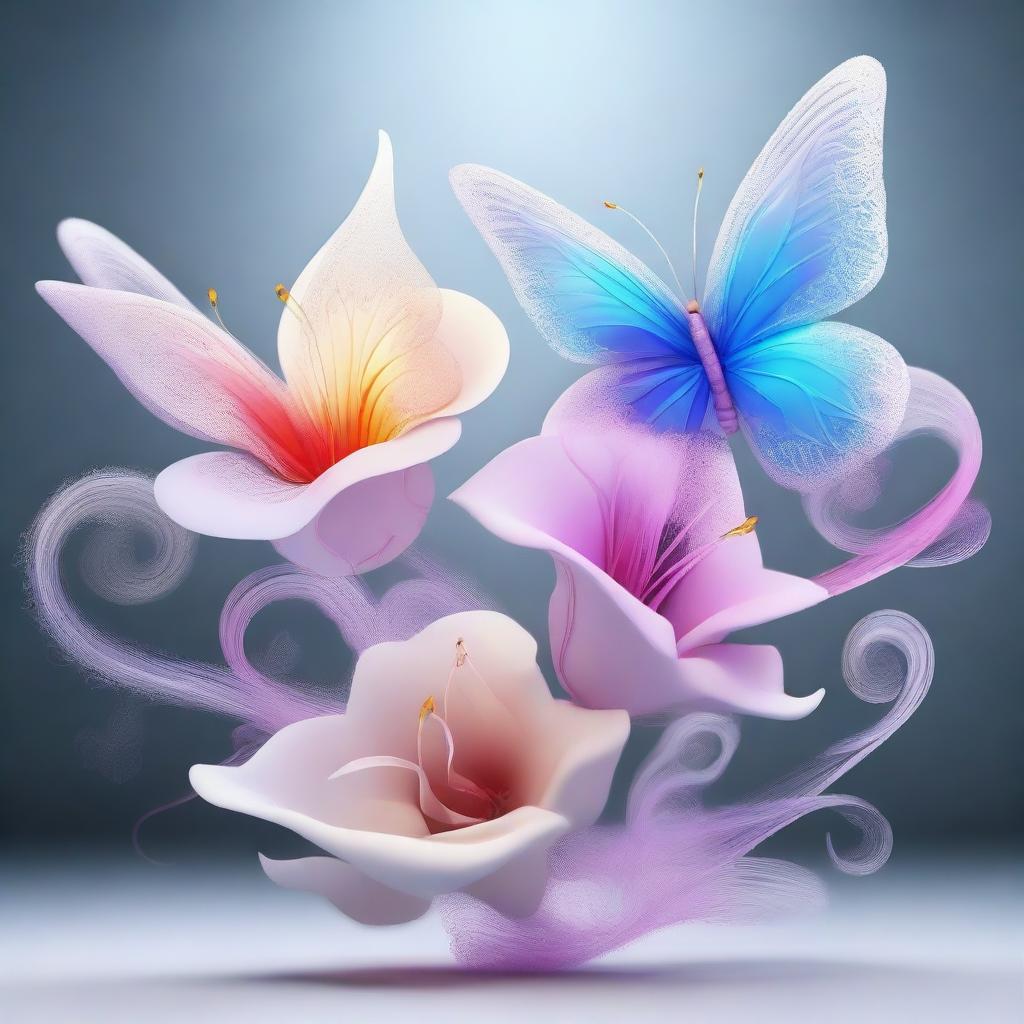 An intricate digital art piece rendered in 3D, showcasing butterflies, a rose, and a lily, all composed of highly detailed, curling and dancing swirls