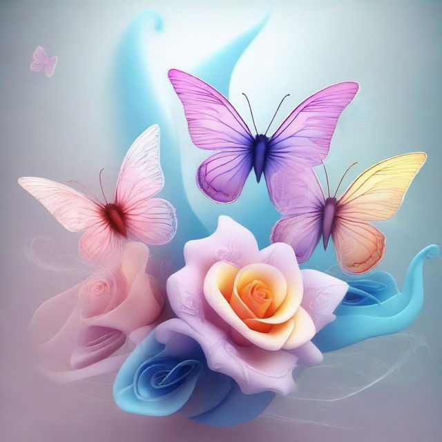 An intricate digital art piece rendered in 3D, showcasing butterflies, a rose, and a lily, all composed of highly detailed, curling and dancing swirls