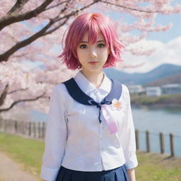 Anime girl with bright eyes, colorful hair, and traditional school uniform standing bravely in a scenic backdrop of cherry blossoms.