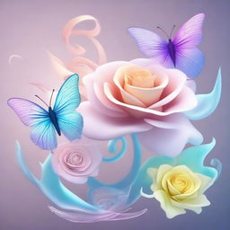 An intricate digital art piece rendered in 3D, showcasing butterflies, a rose, and a lily, all composed of highly detailed, curling and dancing swirls