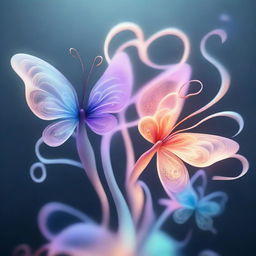 An intricate digital art piece rendered in 3D, showcasing butterflies, a rose, and a lily, all composed of highly detailed, curling and dancing swirls