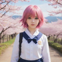 Anime girl with bright eyes, colorful hair, and traditional school uniform standing bravely in a scenic backdrop of cherry blossoms.