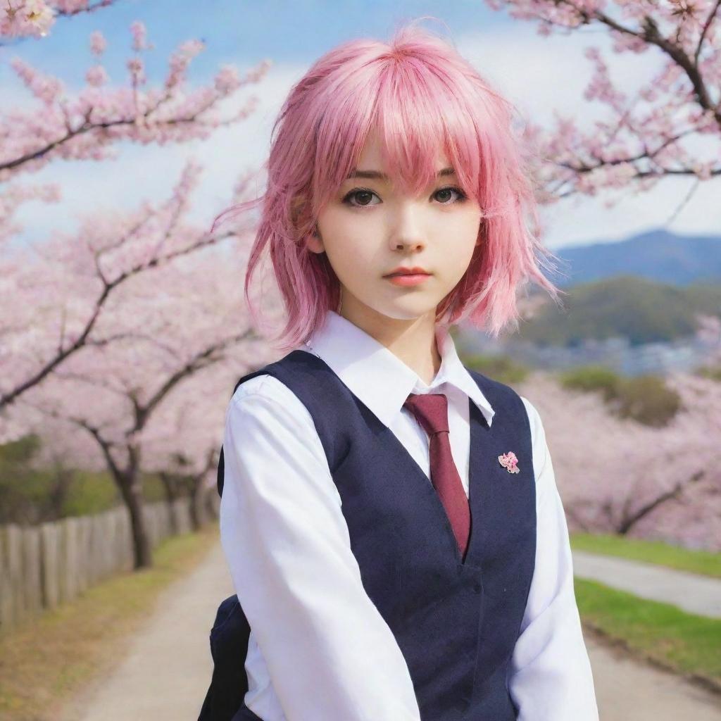 Anime girl with bright eyes, colorful hair, and traditional school uniform standing bravely in a scenic backdrop of cherry blossoms.