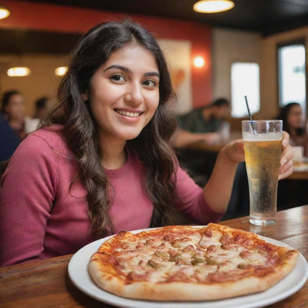 A Pakistani girl delightfully consuming a pizza slice in a lively pizza restaurant. Before her on the table rests a medium sized pizza and a glass full of bubbly soft drink.