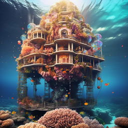 A vibrant coral reef forms the structure of a hanging mermaid tower beneath an island, decorated with large, colorful and habitable bubbles nestled amidst the corals.