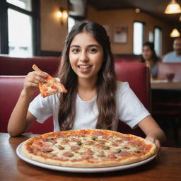 A Pakistani girl delightfully consuming a pizza slice in a lively pizza restaurant. Before her on the table rests a medium sized pizza and a glass full of bubbly soft drink.