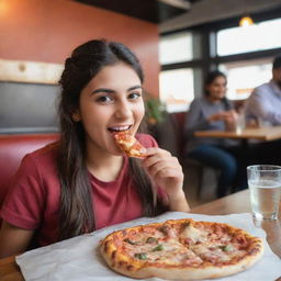 A Pakistani girl delightfully consuming a pizza slice in a lively pizza restaurant. Before her on the table rests a medium sized pizza and a glass full of bubbly soft drink.