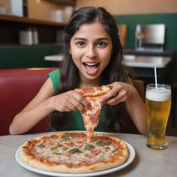 A Pakistani girl delightfully consuming a pizza slice in a lively pizza restaurant. Before her on the table rests a medium sized pizza and a glass full of bubbly soft drink.