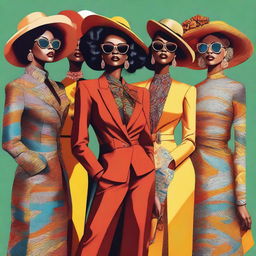 A high-quality digital art image showcasing a group of stylish women confidently posing