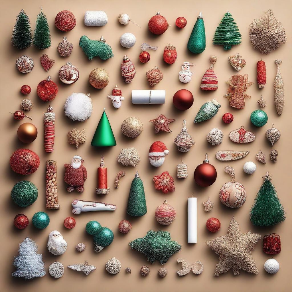 A high-quality knolling photography featuring an assortment of Christmas decorations