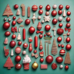 A high-quality knolling photography featuring an assortment of Christmas decorations