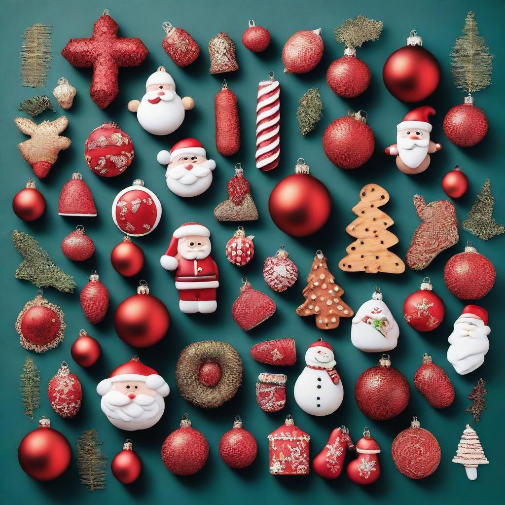 A high-quality knolling photography featuring an assortment of Christmas decorations