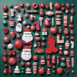 A high-quality knolling photography featuring an assortment of Christmas decorations