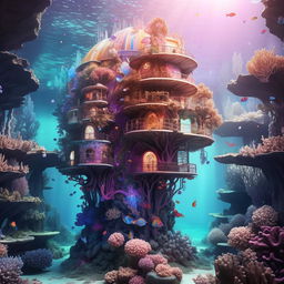 A floating mermaid tower beneath the water's surface, made from a vibrant coral reef structure. Large, colorful, habitable bubbles are nestled among the corals.