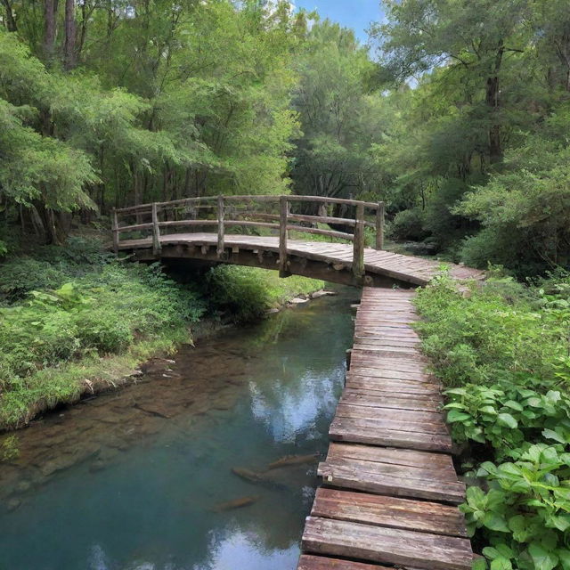 A rustic wooden bridge spanning over a serene creek, surrounded by dense greenery, under a clear, blue sky.