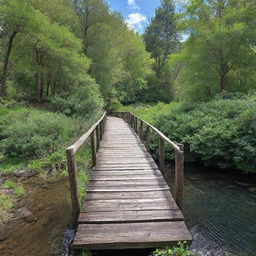 A rustic wooden bridge spanning over a serene creek, surrounded by dense greenery, under a clear, blue sky.